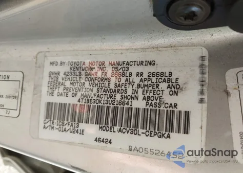 2003 Toyota Camry Xle из США, поврежденный, VIN 4T1BE30K13U216641